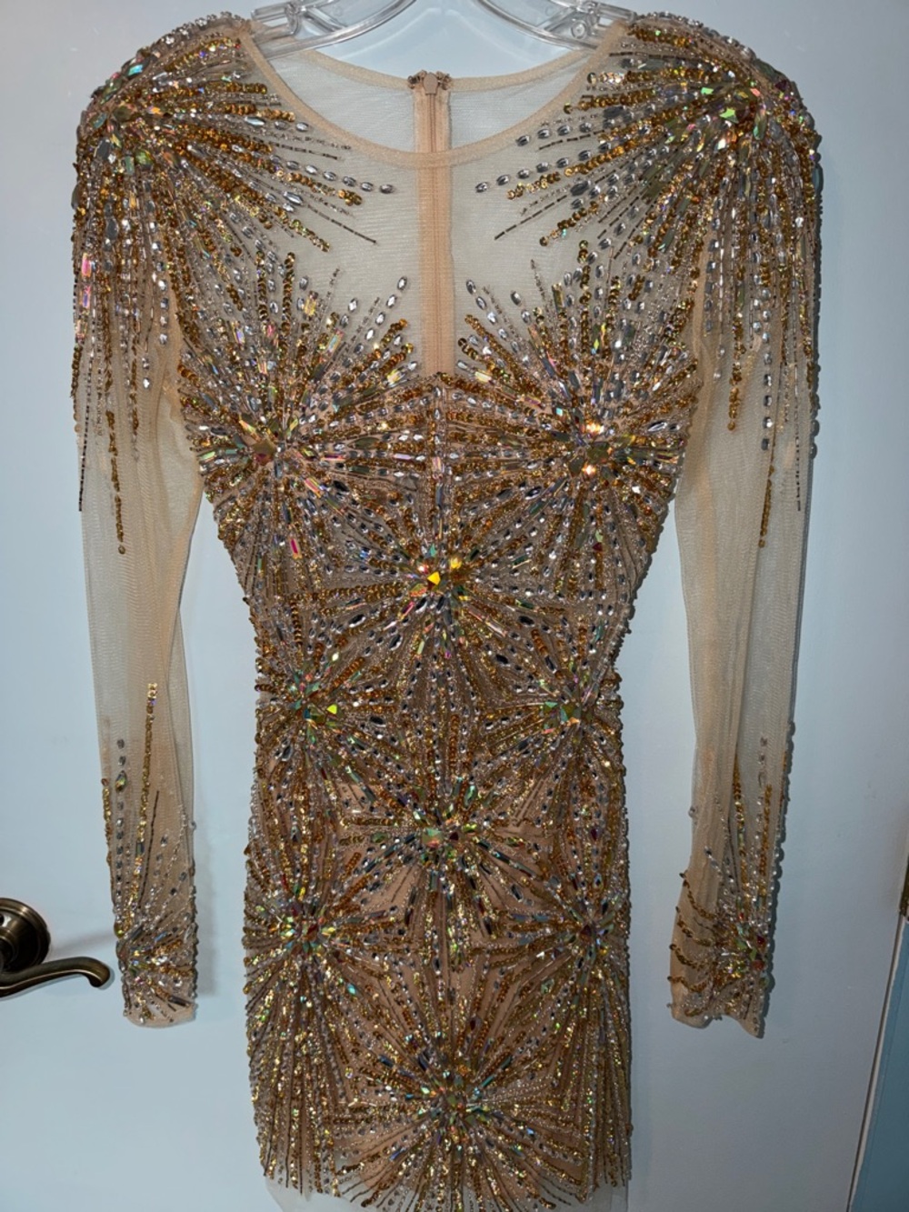 Jovani- Embellished Nude Beaded Long-Sleeve Mini Dress